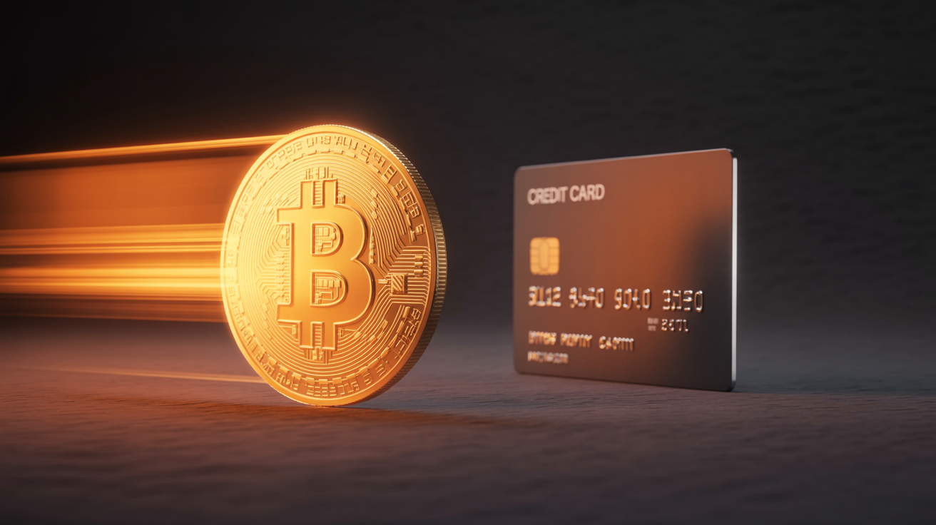 Gold Bitcoin coin with motion-blur speed trails racing past a stationary credit card, illustrating the difference between crypto under 10 minutes versus card 24–48 hour withdrawal speeds at Vegastars