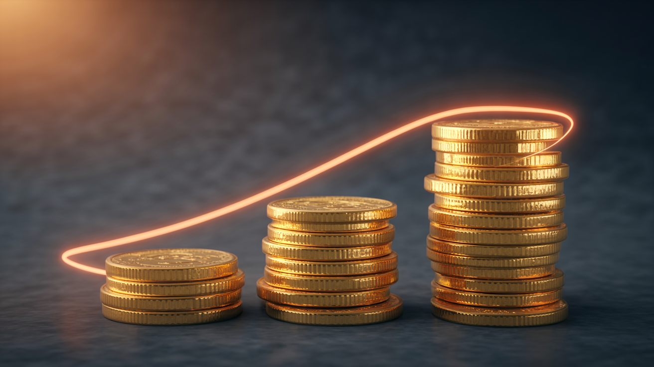 Three ascending stacks of gold coins connected by an orange glowing arc, illustrating Vegastars' three-deposit welcome bonus ladder scaling from 100% to 200% match